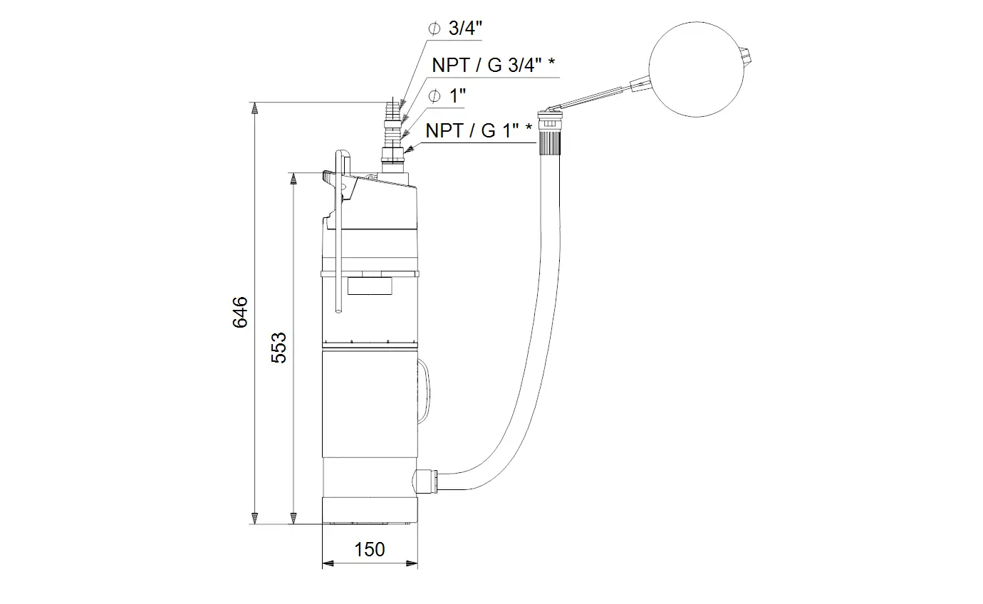 Grundfos Unterwasserpumpe mit Anschlussmöglichkeiten. Sichtbare Maße und technische Details sind abgebildet. Verbindungsschläuche und Kugel sichtbar.